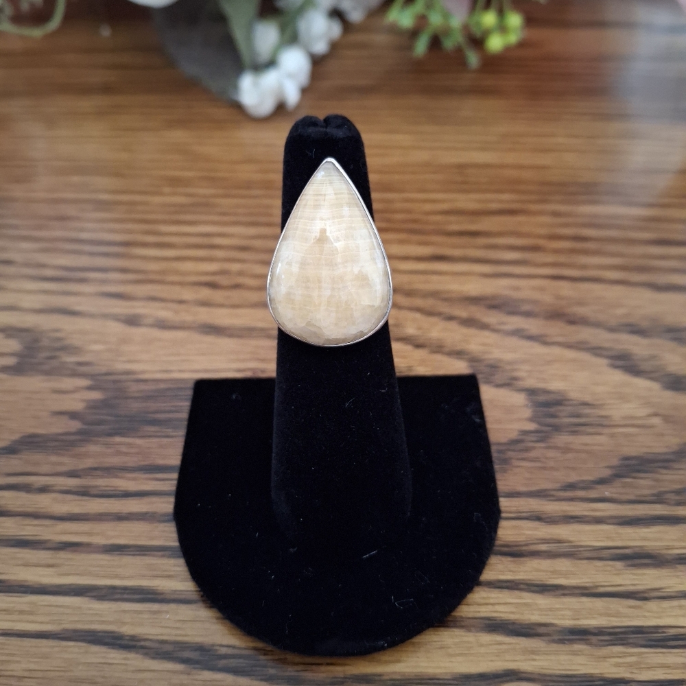 Ring Orange Scolecite Gemstone Teardrop Statement Set In Sterling Silver Size 5
